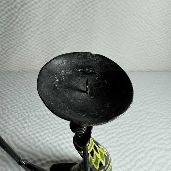 Vintage Handcrafted Tribal Candle Holder With African Motif Metal & Cow Horn - Picture 5 of 8